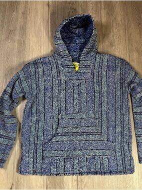 Iguana Jack Baja Hoodie Blue Striped Mexican Drug Rug Pullover Large